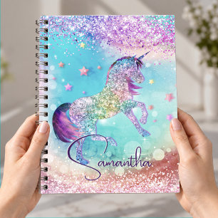 Cute unicorn pink Glitter rainbow aqua monogram Notebook