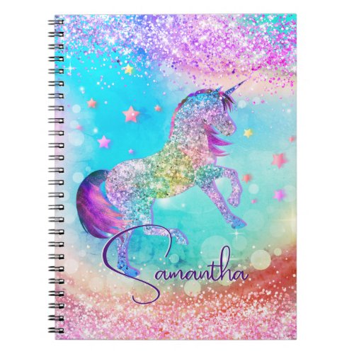 Cute unicorn pink Glitter rainbow aqua monogram Notebook