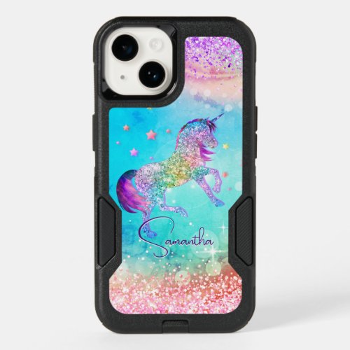 Cute unicorn pink Glitter rainbow aqua monogram OtterBox iPhone 14 Case