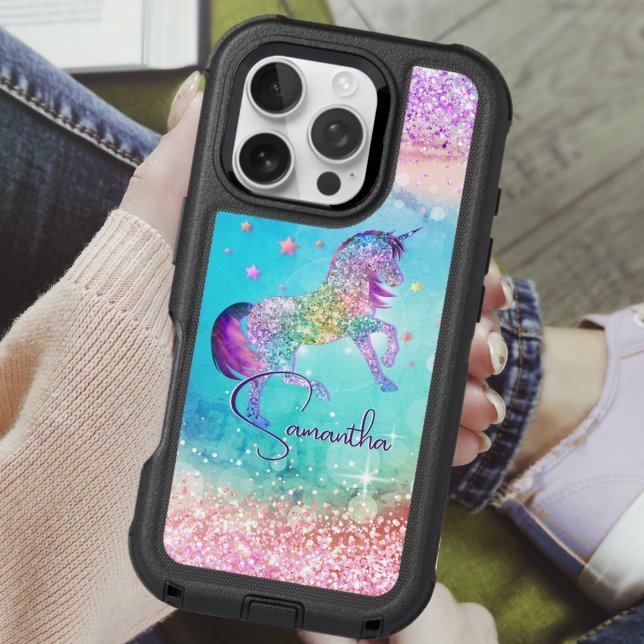 Cute unicorn pink Glitter rainbow aqua monogram Otterbox iPhone Case (Creator Uploaded)