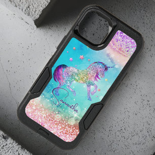 Cute unicorn pink Glitter rainbow aqua monogram OtterBox iPhone 14 Case