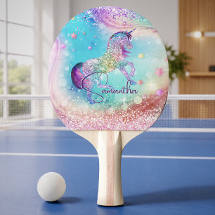 Cute unicorn pink Glitter rainbow aqua monogram Ping Pong Paddle