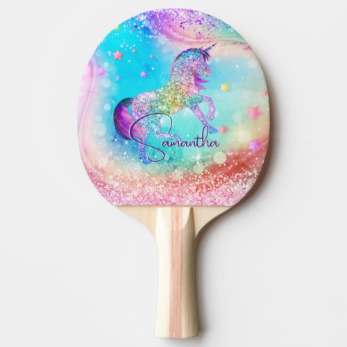 Cute unicorn pink Glitter rainbow aqua monogram Ping Pong Paddle