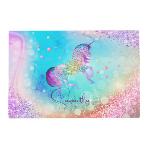 Cute unicorn pink Glitter rainbow aqua monogram Placemat