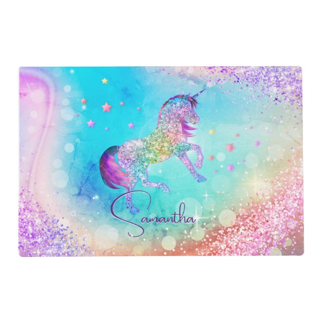 Cute unicorn pink Glitter rainbow aqua monogram Placemat (Front)
