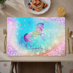 Cute unicorn pink Glitter rainbow aqua monogram Placemat