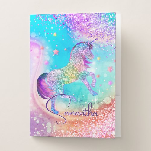 Cute unicorn pink Glitter rainbow aqua monogram Pocket Folder