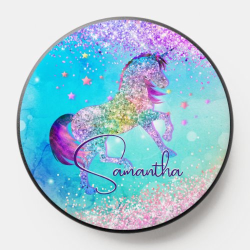 Cute unicorn pink Glitter rainbow aqua monogram PopSocket