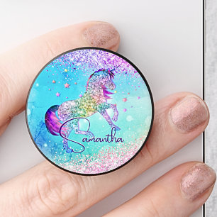 Cute unicorn pink Glitter rainbow aqua monogram PopSocket