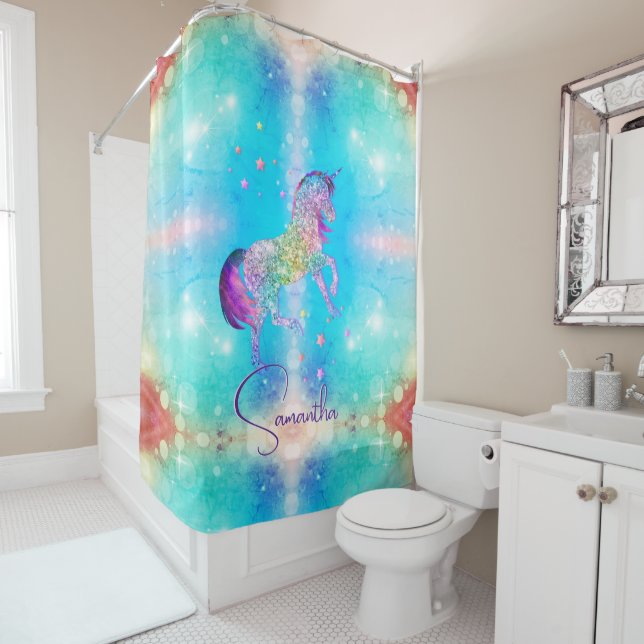 Cute unicorn pink Glitter rainbow aqua monogram Shower Curtain (In Situ)