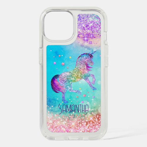 Cute unicorn pink Glitter rainbow aqua monogram iPhone 15 Case