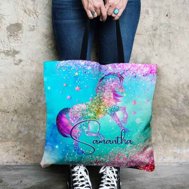 Cute unicorn pink Glitter rainbow aqua monogram Tote Bag (Creator Uploaded)