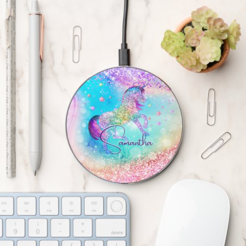 Cute unicorn pink Glitter rainbow aqua monogram Wireless Charger