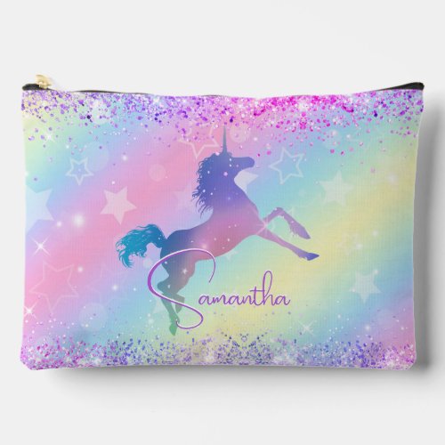 Cute unicorn pink Glitter rainbow art monogram Accessory Pouch