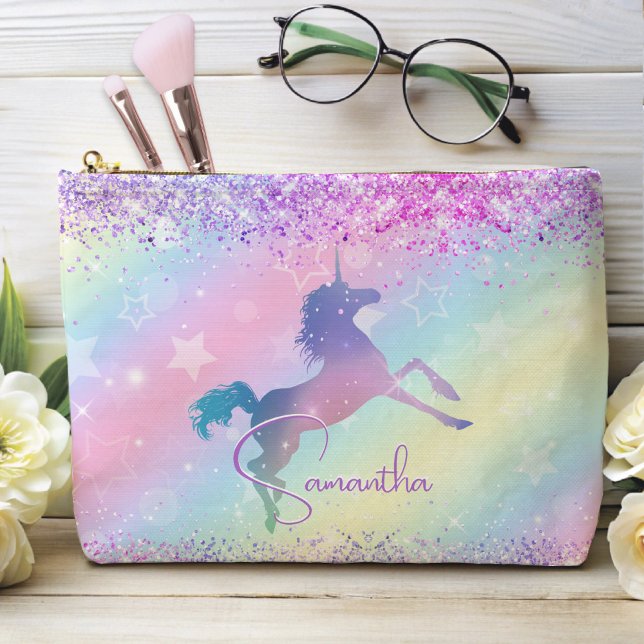 Cute unicorn pink Glitter rainbow art monogram Accessory Pouch (Creator Uploaded)