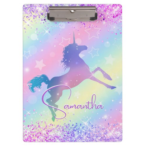 Cute unicorn pink Glitter rainbow art monogram Clipboard