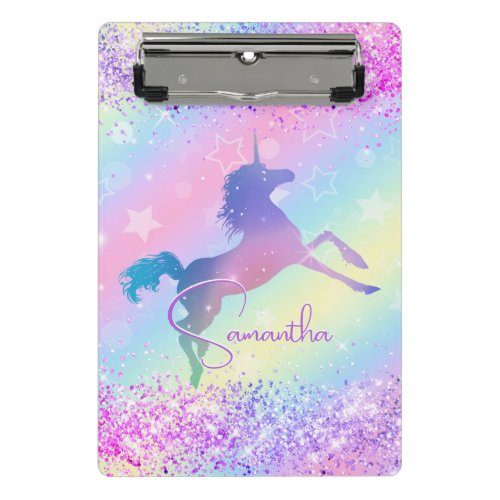 Cute unicorn pink Glitter rainbow art monogram Mini Clipboard