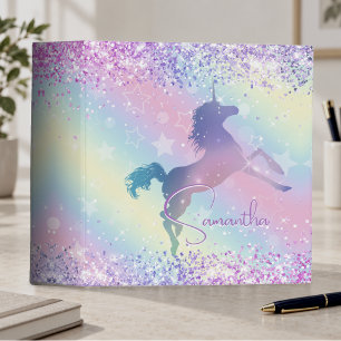 Cute unicorn pink Glitter rainbow art monogram Not 3 Ring Binder