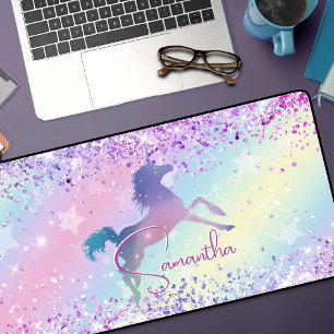 Cute unicorn pink Glitter rainbow art monogram Not Desk Mat