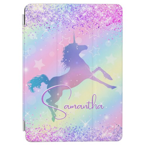 Cute unicorn pink Glitter rainbow art monogram Not iPad Air Cover