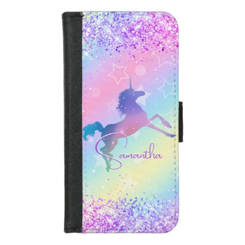 Cute unicorn pink Glitter rainbow art monogram Not iPhone 87 Wallet Case