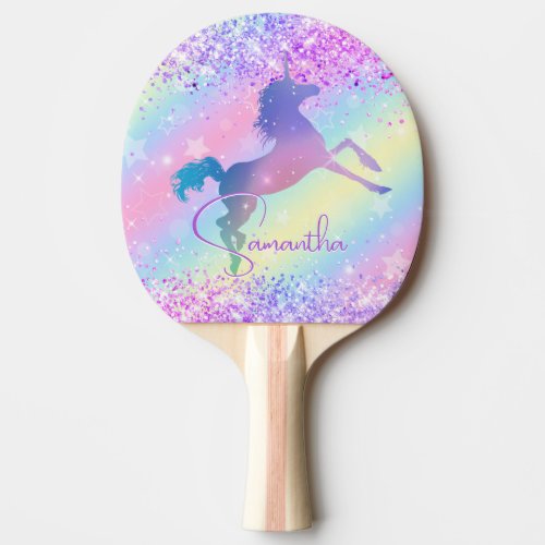 Cute unicorn pink Glitter rainbow art monogram Ping Pong Paddle