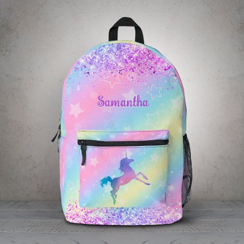 Cute unicorn pink Glitter rainbow art monogram Printed Backpack