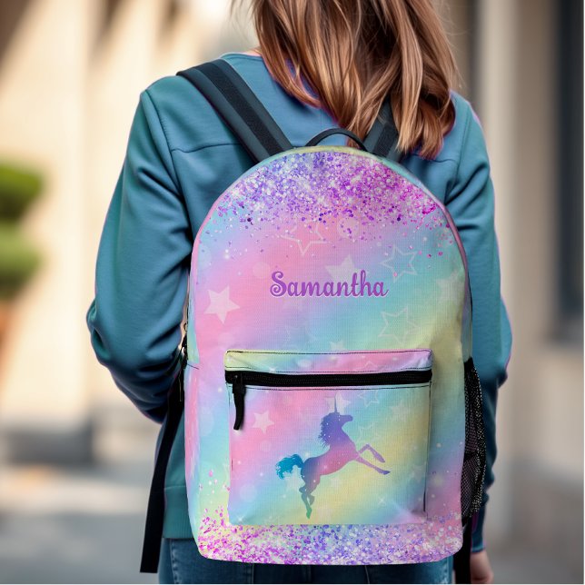 Cute unicorn pink Glitter rainbow art monogram Printed Backpack (Creator Uploaded)