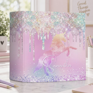 Cute unicorn pink Glitter rainbow Drips monogram 3 Ring Binder