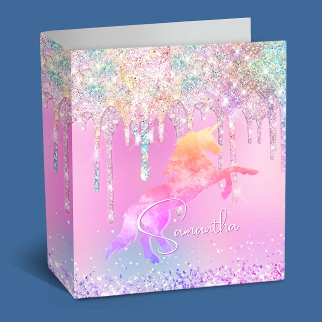 Cute unicorn pink Glitter rainbow Drips monogram 3 Ring Binder (Creator Uploaded)