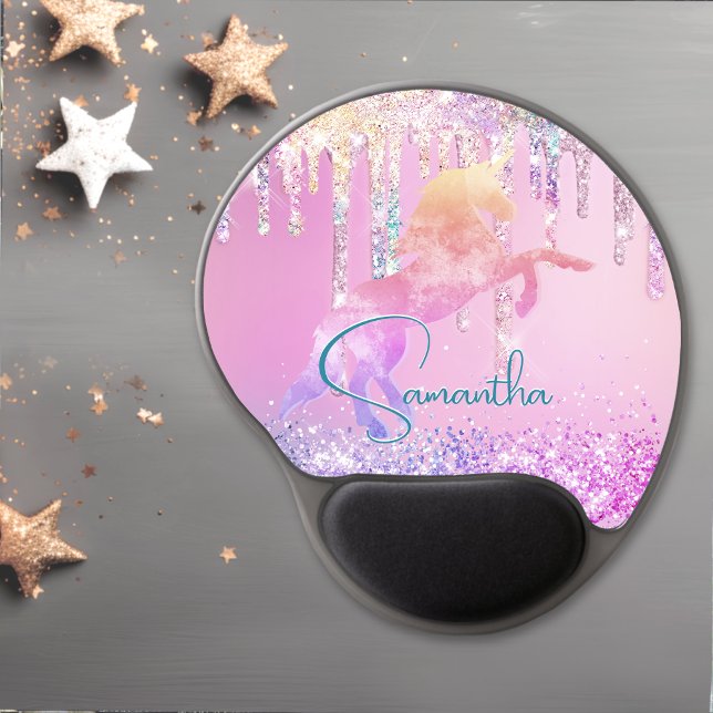 Cute unicorn pink Glitter rainbow Drips monogram Gel Mouse Pad (Creator Uploaded)