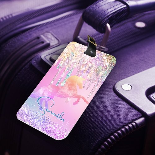 Cute unicorn pink Glitter rainbow Drips monogram Luggage Tag