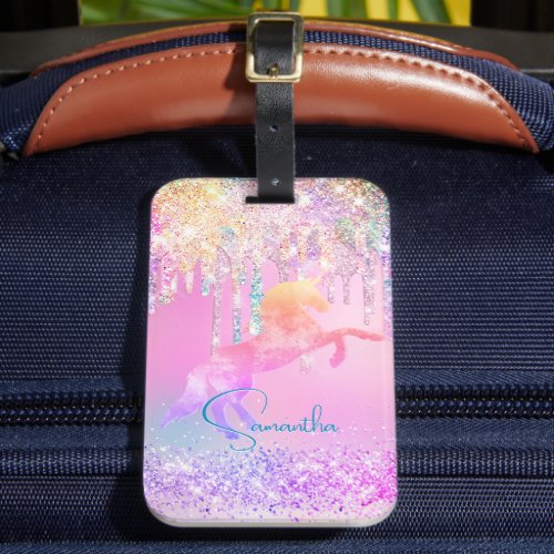 Cute unicorn pink Glitter rainbow Drips monogram Luggage Tag