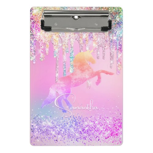 Cute unicorn pink Glitter rainbow Drips monogram Mini Clipboard