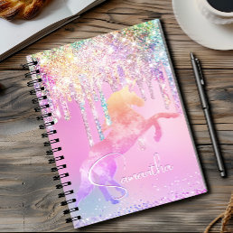 Cute unicorn pink Glitter rainbow Drips monogram Notebook