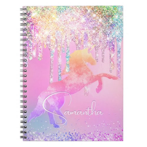 Cute unicorn pink Glitter rainbow Drips monogram Notebook