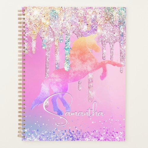 Cute unicorn pink Glitter rainbow Drips monogram Planner