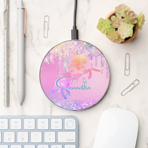 Cute unicorn pink Glitter rainbow Drips monogram Wireless Charger