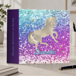 Cute unicorn pink Glitter rainbow gold monogram 3 Ring Binder