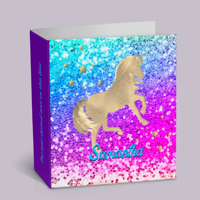 Cute unicorn pink Glitter rainbow gold monogram 3 Ring Binder (Creator Uploaded)