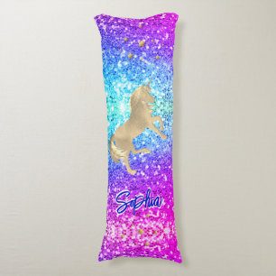 Cute unicorn pink Glitter rainbow gold monogram Body Pillow