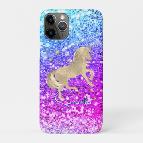 Cute unicorn pink Glitter rainbow gold monogram iPhone 11 Pro Case