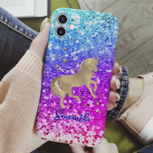 Cute unicorn pink Glitter rainbow gold monogram Case_Mate iPhone 14 Case
