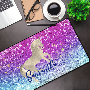 Cute unicorn pink Glitter rainbow gold monogram Desk Mat