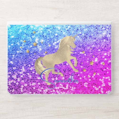 Cute unicorn pink Glitter rainbow gold monogram HP Laptop Skin