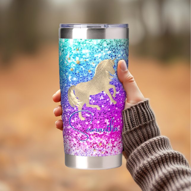 Cute unicorn pink Glitter rainbow gold monogram Insulated Tumbler (Creator Uploaded)
