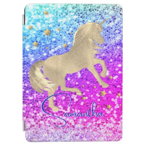 Cute unicorn pink Glitter rainbow gold monogram iPad Air Cover