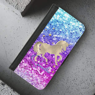 Cute unicorn pink Glitter rainbow gold monogram iPhone 8/7 Wallet Case