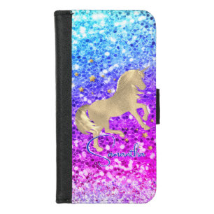 Cute unicorn pink Glitter rainbow gold monogram iPhone 8/7 Wallet Case