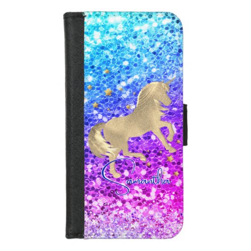 Cute unicorn pink Glitter rainbow gold monogram iPhone 87 Wallet Case